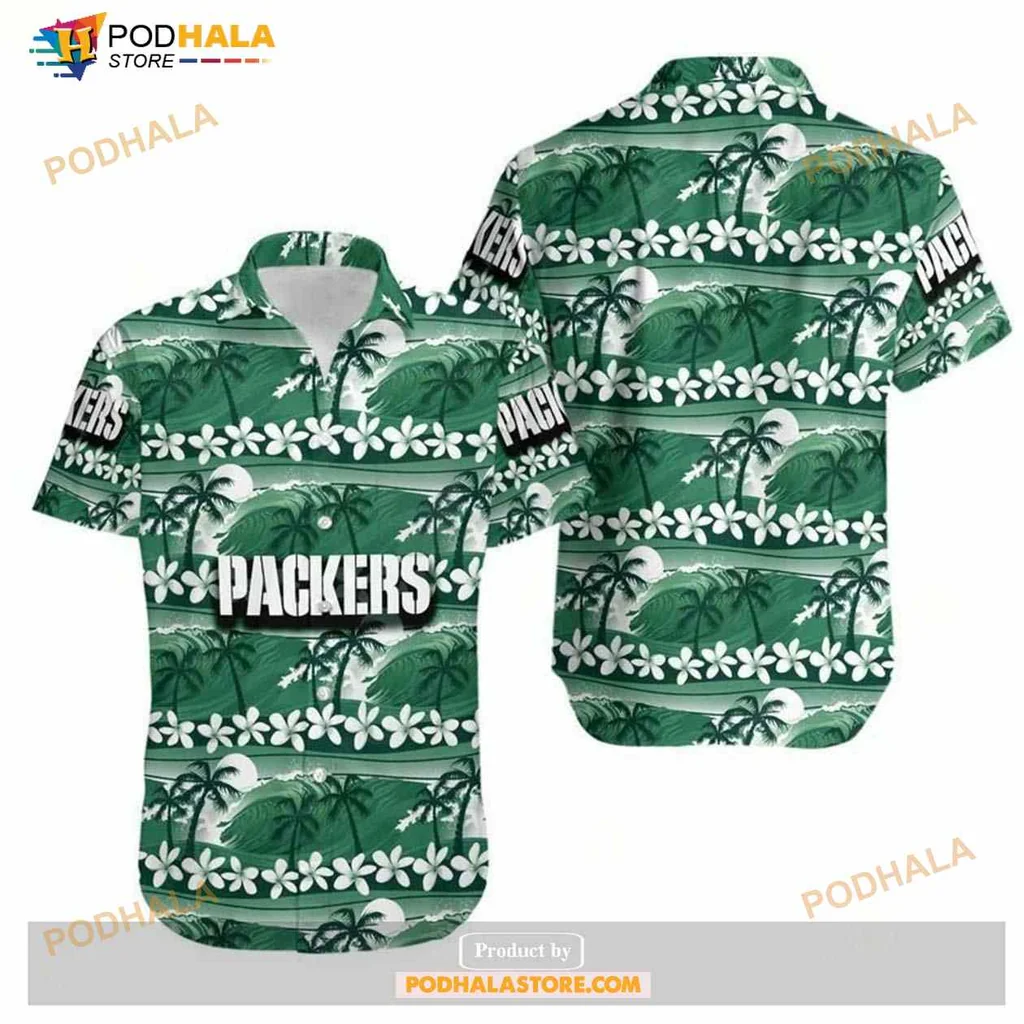 Green Bay Packers Hawaiian Shirt With Coconut Trees And Hibiscus Flowers