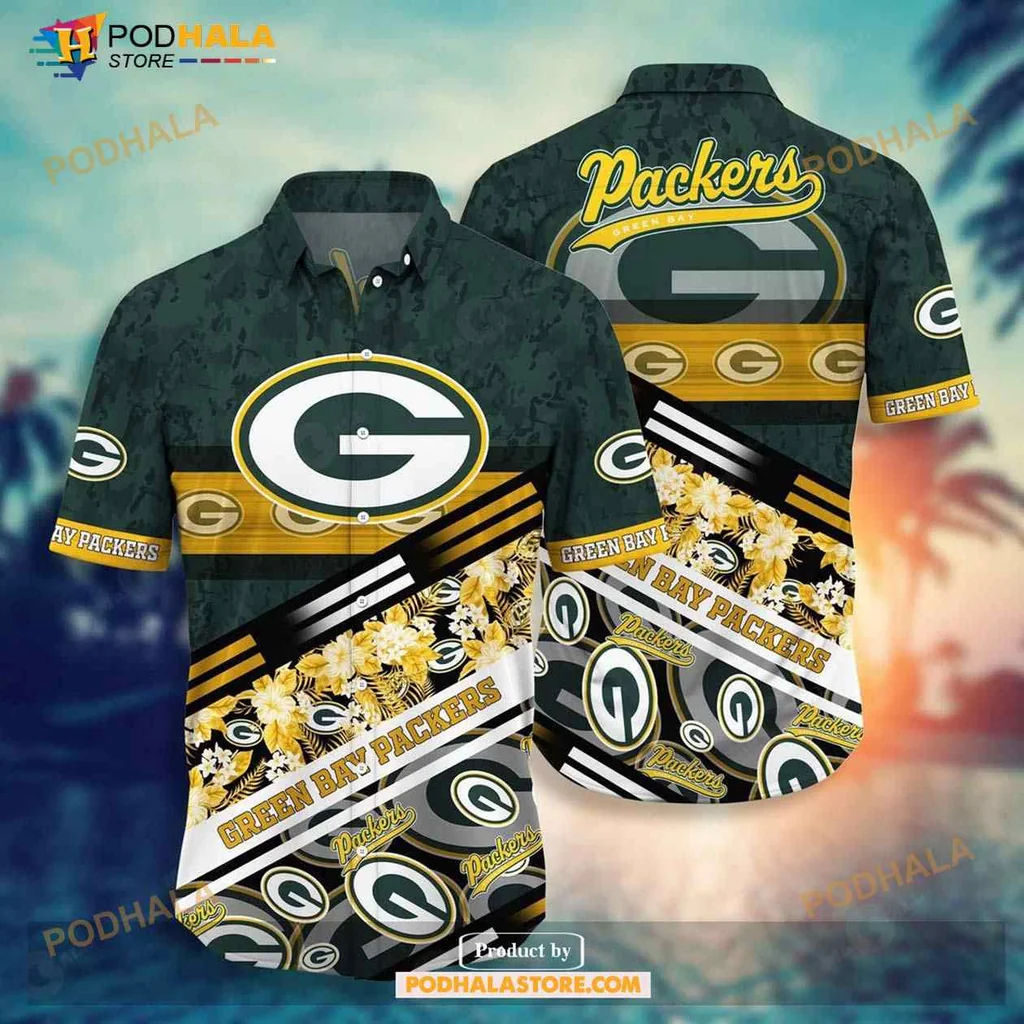 Green Bay Packers Hawaiian Shirt With Floral Design And Camouflage Pattern
