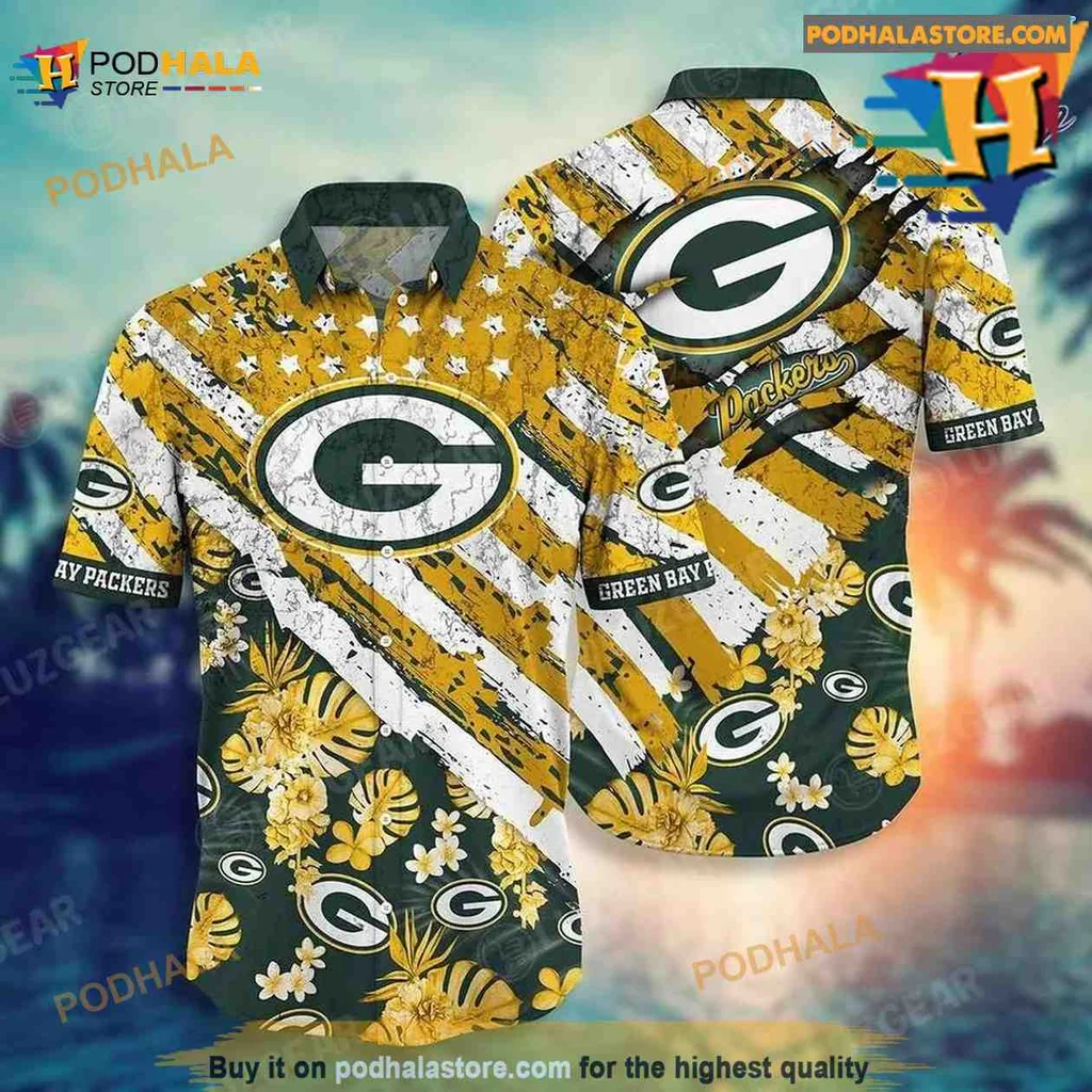 Green Bay Packers Hawaiian Shirt With Floral Print And American Flag Design