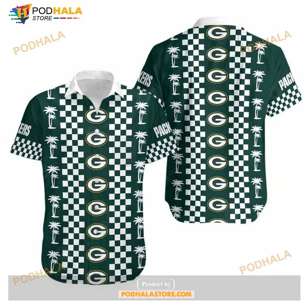 Green Bay Packers Hawaiian Shirt With Palm Trees And Checkerboard Design