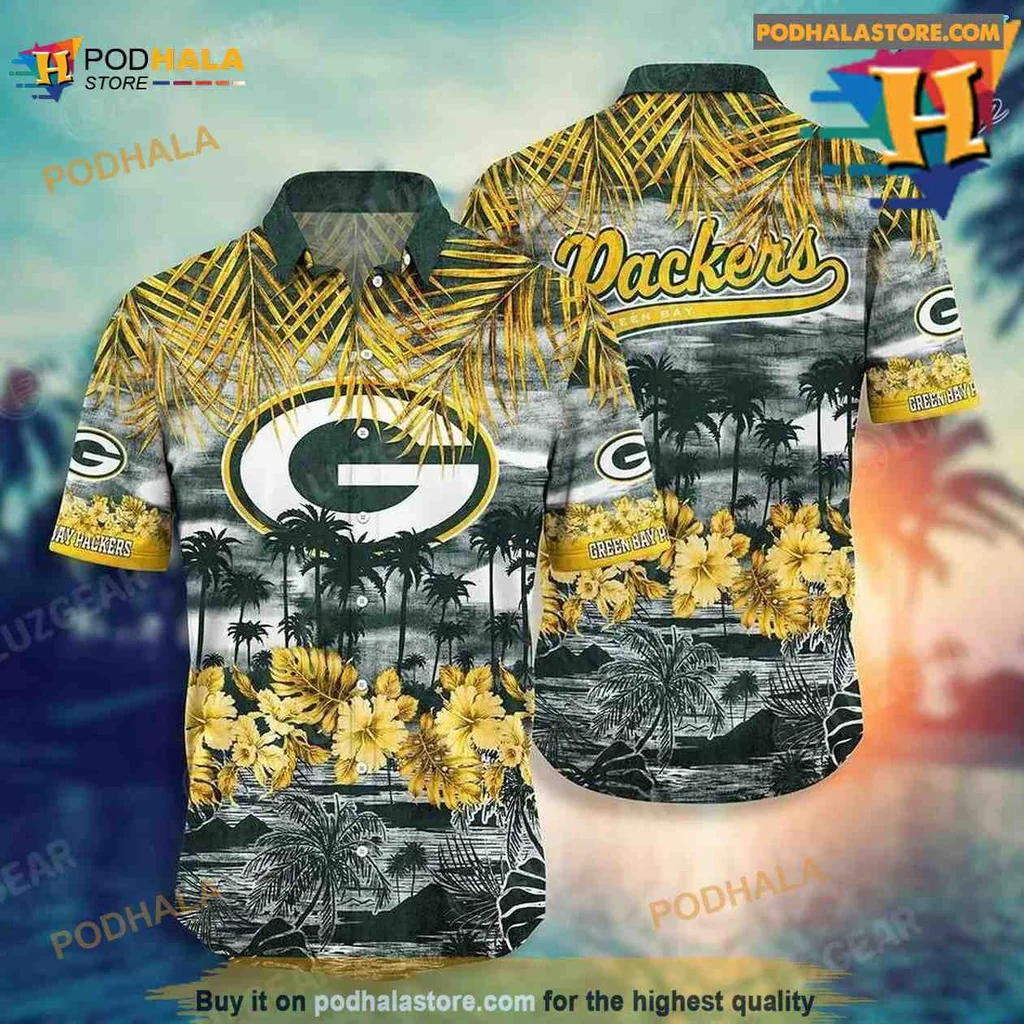 Green Bay Packers Hawaiian Shirt With Tropical Design And Hibiscus Flowers