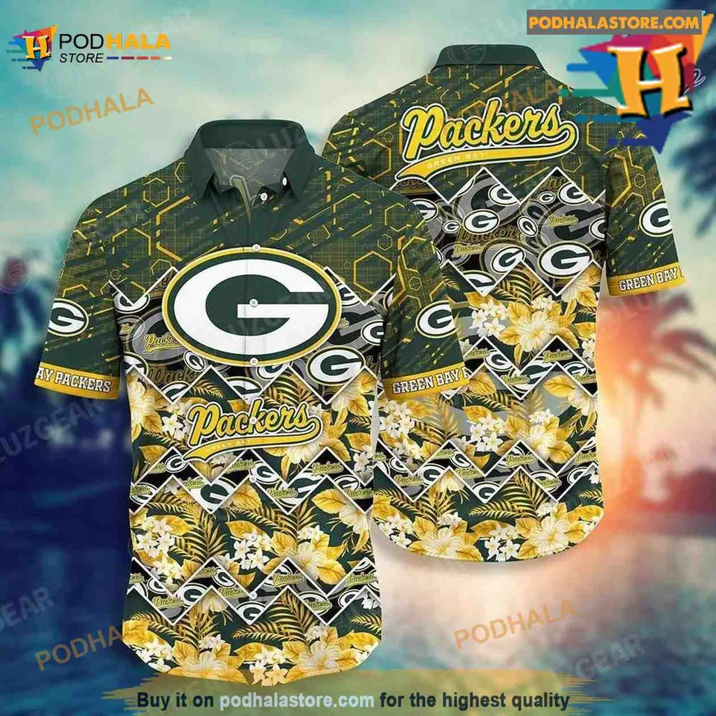 Green Bay Packers Hawaiian Shirt With Tropical Hibiscus Design