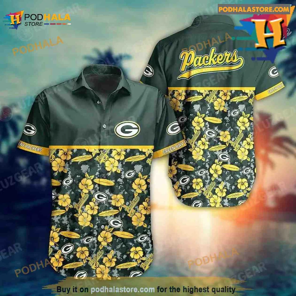 Green Bay Packers Hawaiian Shirt With Vibrant Hibiscus Flowers