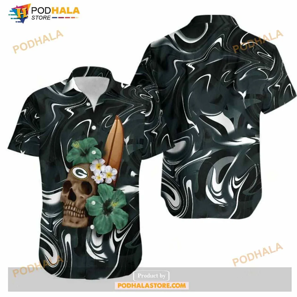Green Bay Packers Hibiscus Hawaiian Shirt With Skull Design For Fans