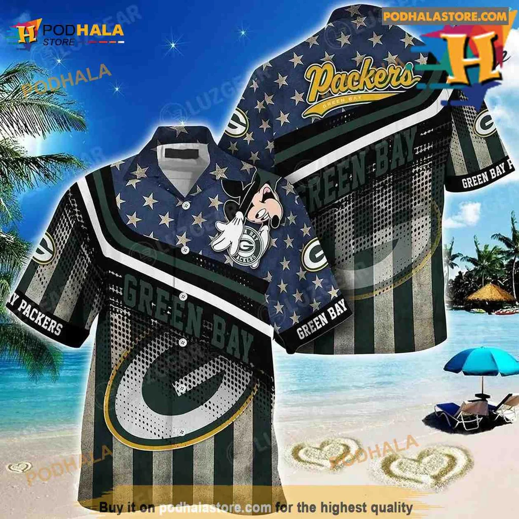 Green Bay Packers Mickey Mouse Hawaiian Shirt With American Flag Design