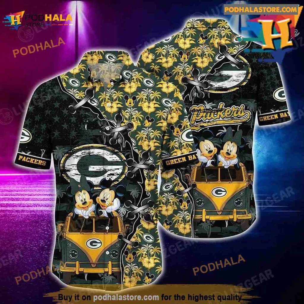 Green Bay Packers Mickey Mouse Hawaiian Shirt With Vintage Car Design