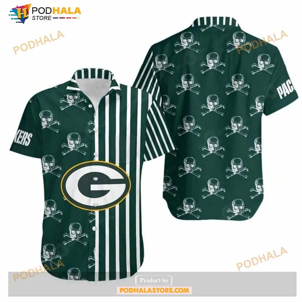 Green Bay Packers Skull Hawaiian Shirt With Bold Stripes And Logo