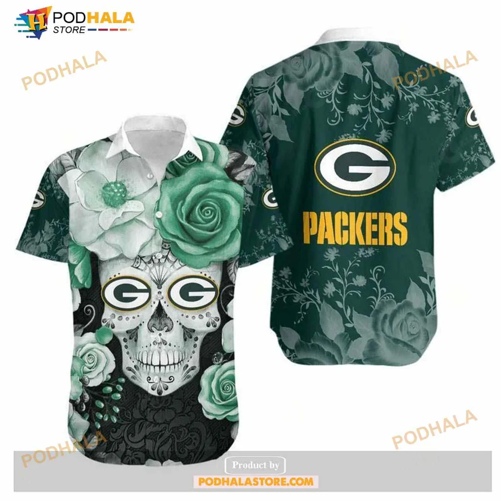 Green Bay Packers Skull Hawaiian Shirt With Floral Design