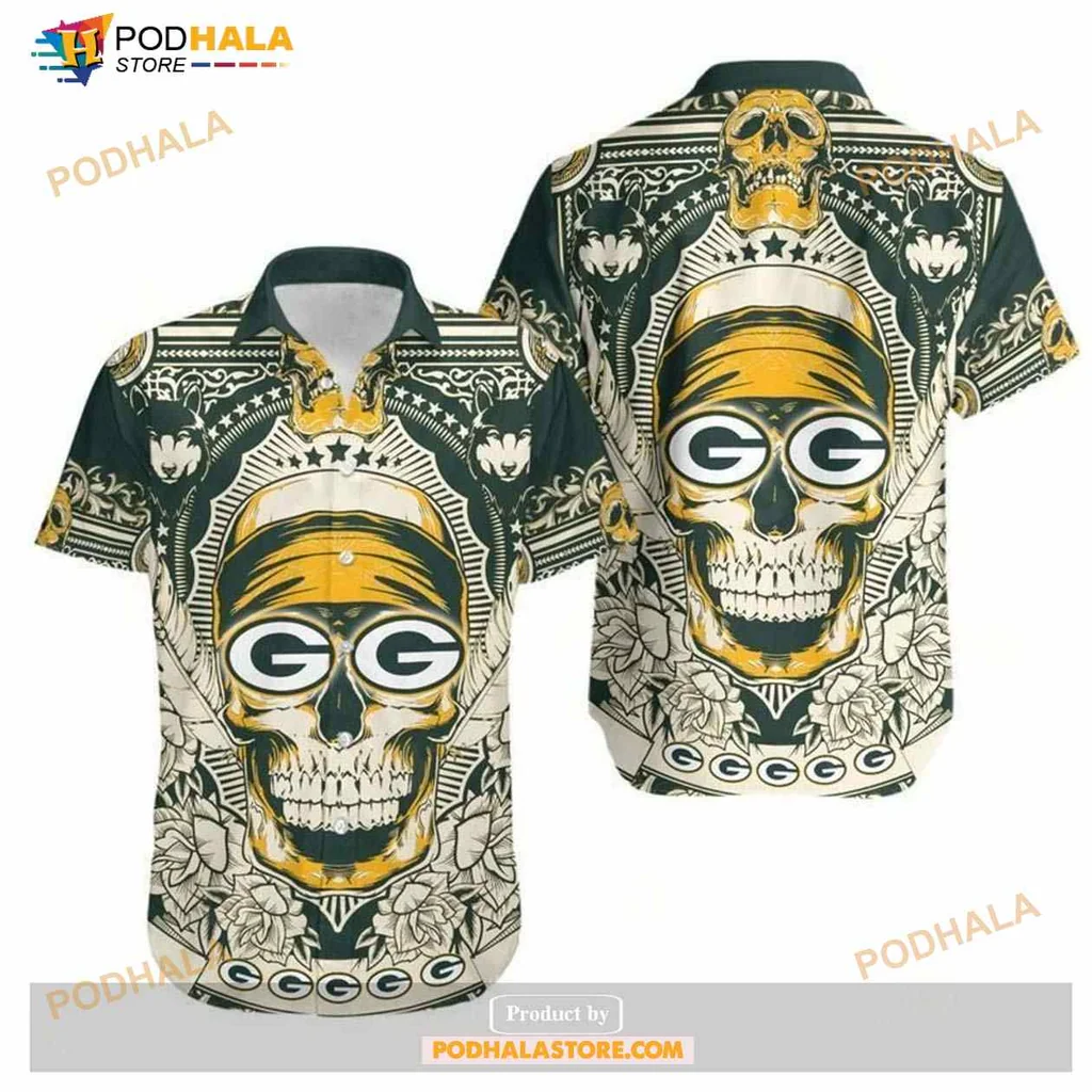 Green Bay Packers Skull Hawaiian Shirt With Floral Design For Fans