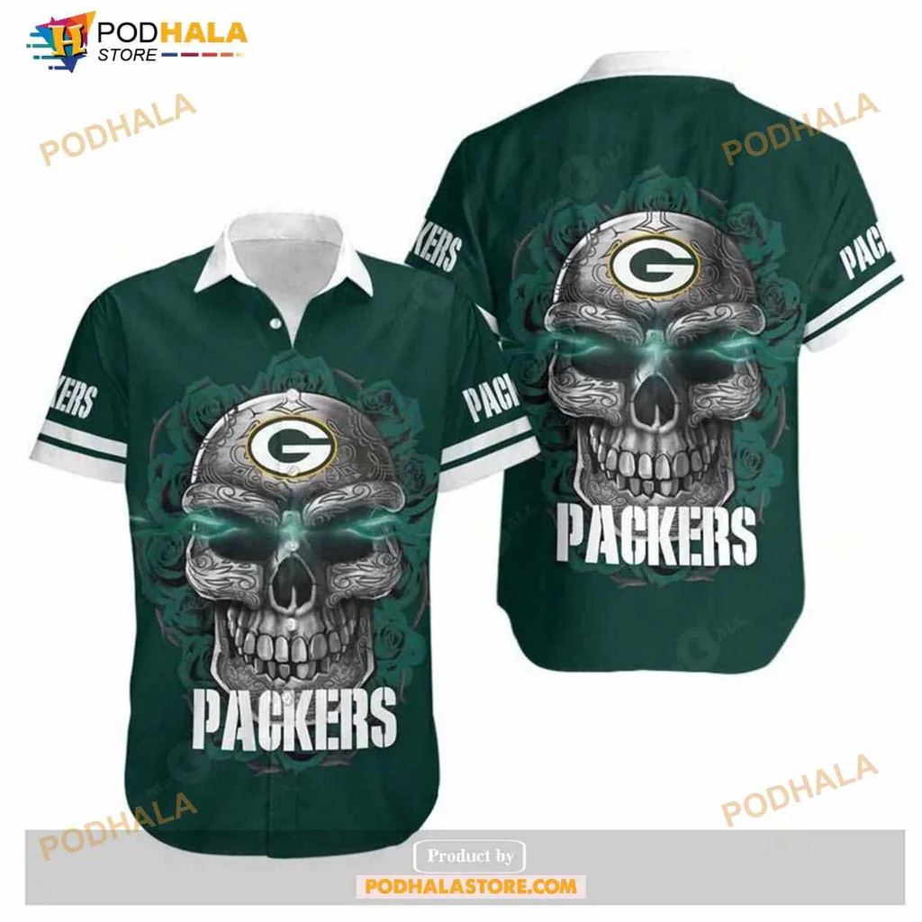 Green Bay Packers Sugar Skull Hawaiian Shirt With Vibrant Roses