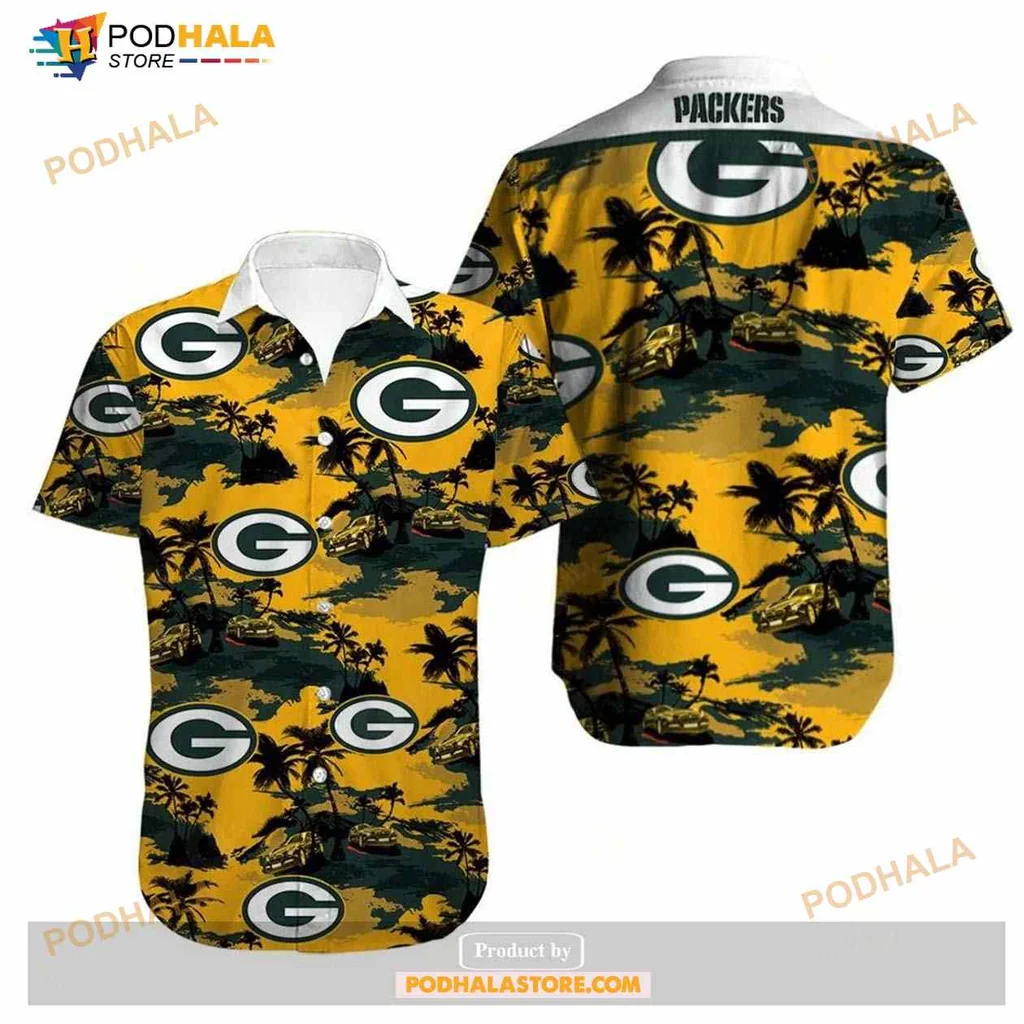 Green Bay Packers Tropical Aloha Shirt With Vibrant Logo And Palm Trees