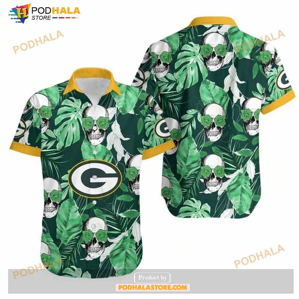 Green Bay Packers Tropical Hawaiian Shirt With Coconut Leaves And Skulls