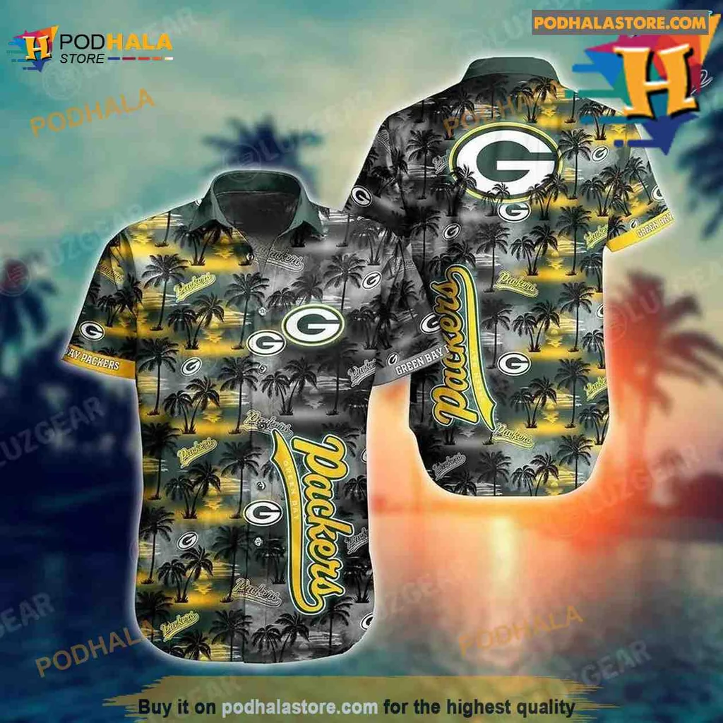 Green Bay Packers Tropical Hawaiian Shirt With Palm Trees And Sunset