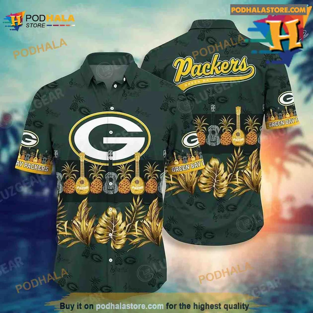 Green Bay Packers Tropical Hawaiian Shirt With Pineapple And Leaf Design