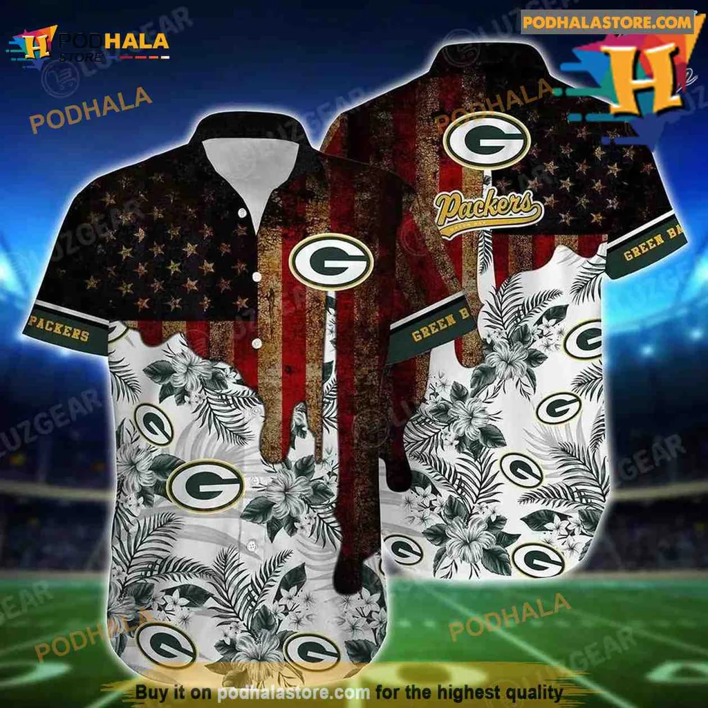 Green Bay Packers Vintage Hawaiian Shirt With American Flag Design
