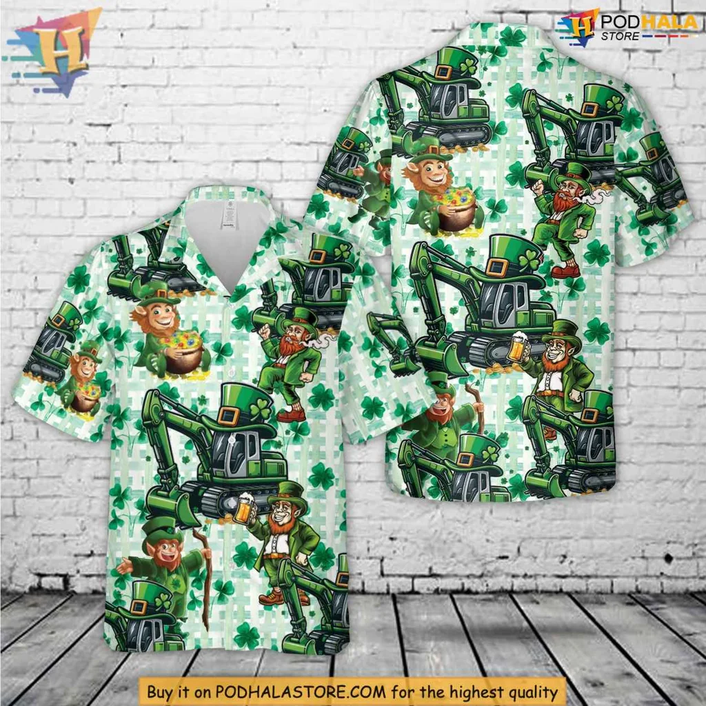 Green Excavator Leprechaun Hawaiian Shirt For St Patricks Day Fun