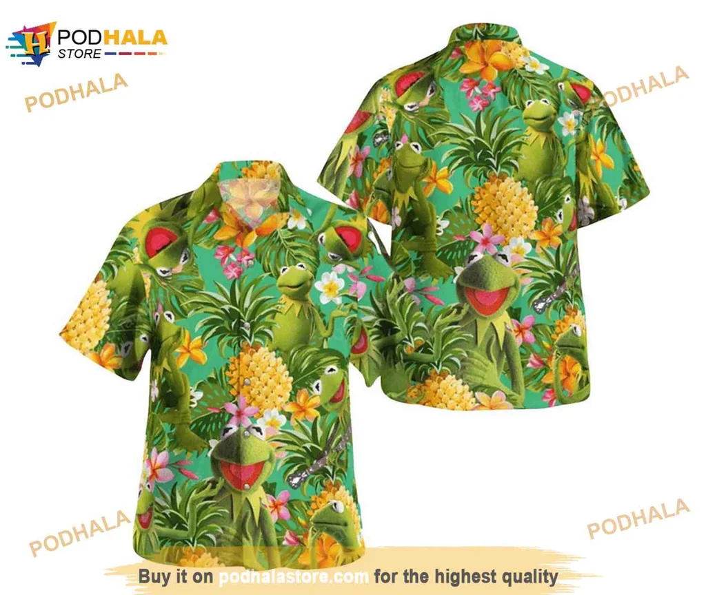 Green Muppet Tropical Aloha Shirt With Pineapples And Hibiscus Flowers
