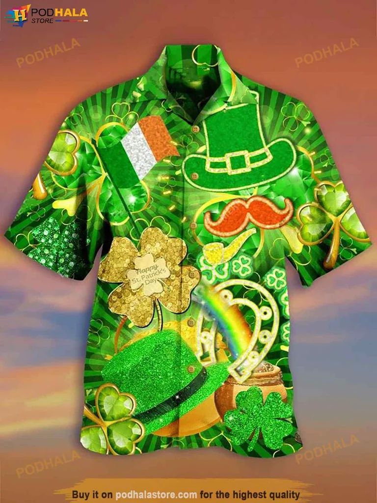 Green Shamrock Hawaiian Shirt, Festive St Patricks Day Design With Leprechaun Hats And Rainbows