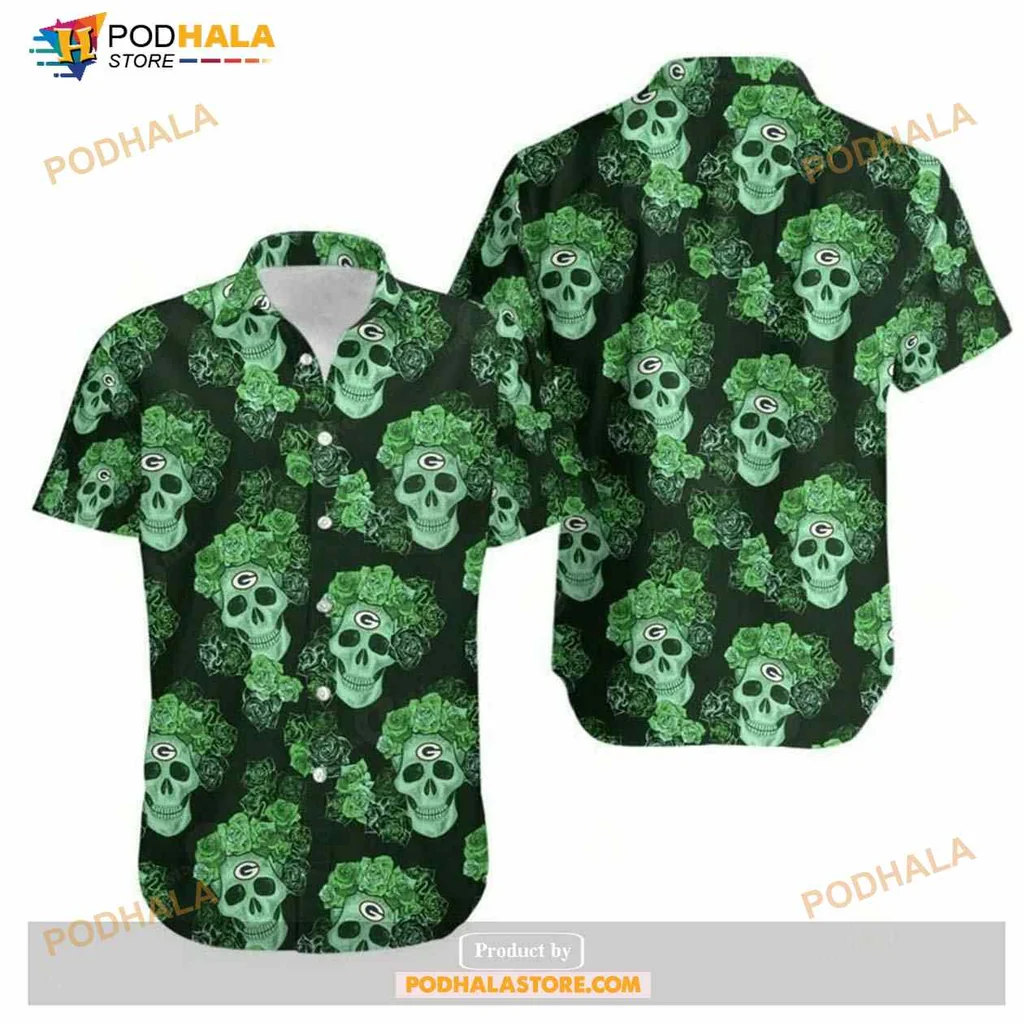 Green Skull Floral Hawaiian Shirt With Tropical Vibe For Summer