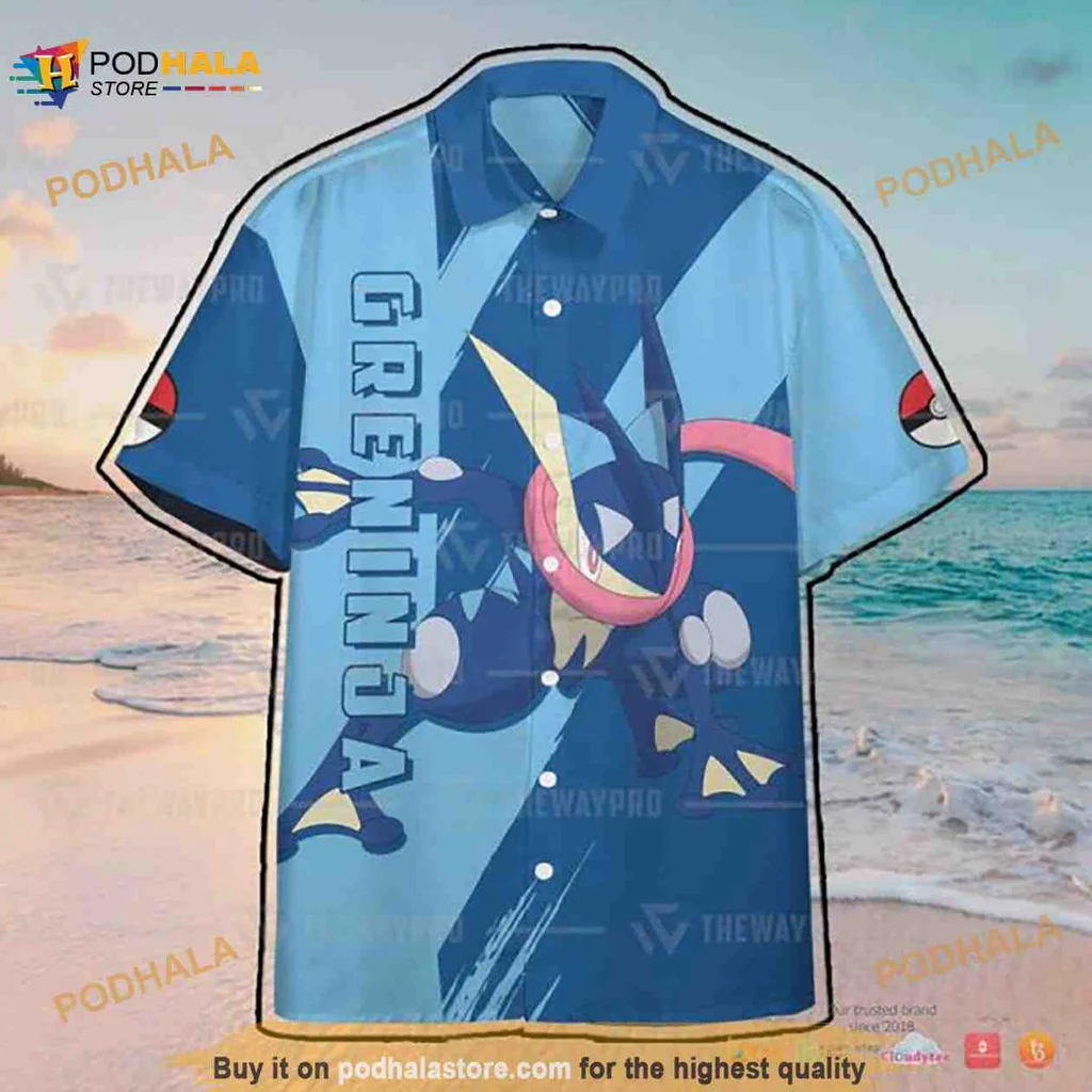 Greninja Pokémon Aloha Shirt With Vibrant Blue Design And Red Scarf
