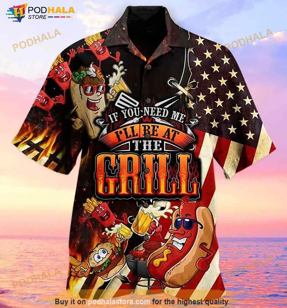 Grill Master Patriotic Hawaiian Shirt Featuring American Flag And Food Characters