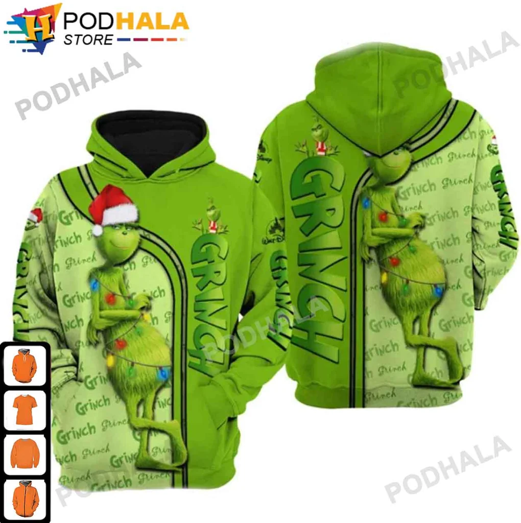 Grinch Christmas 3d Hoodie With Angry Grinch And Christmas Lights