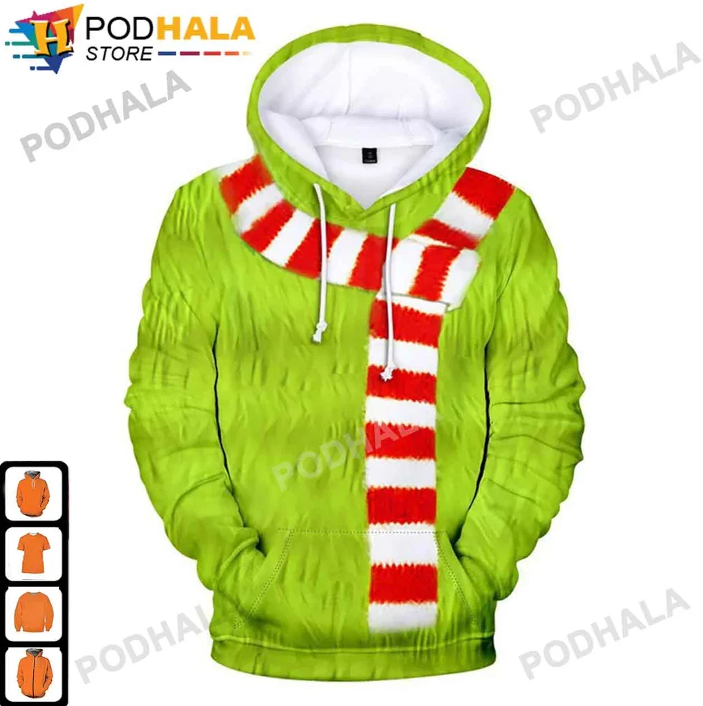 Grinch Christmas 3d Hoodie With Festive Red And White Striped Scarf