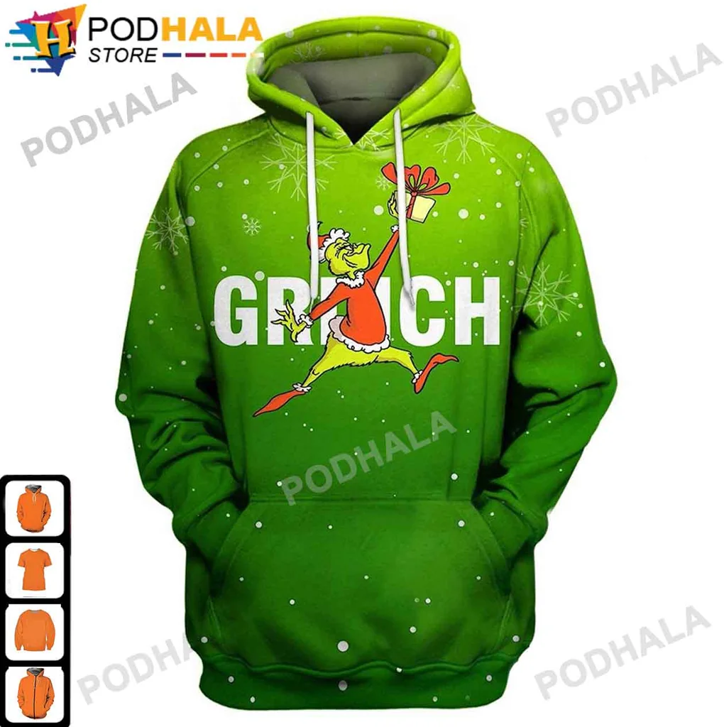 Grinch Christmas 3d Hoodie With Playful Design And Red Gift