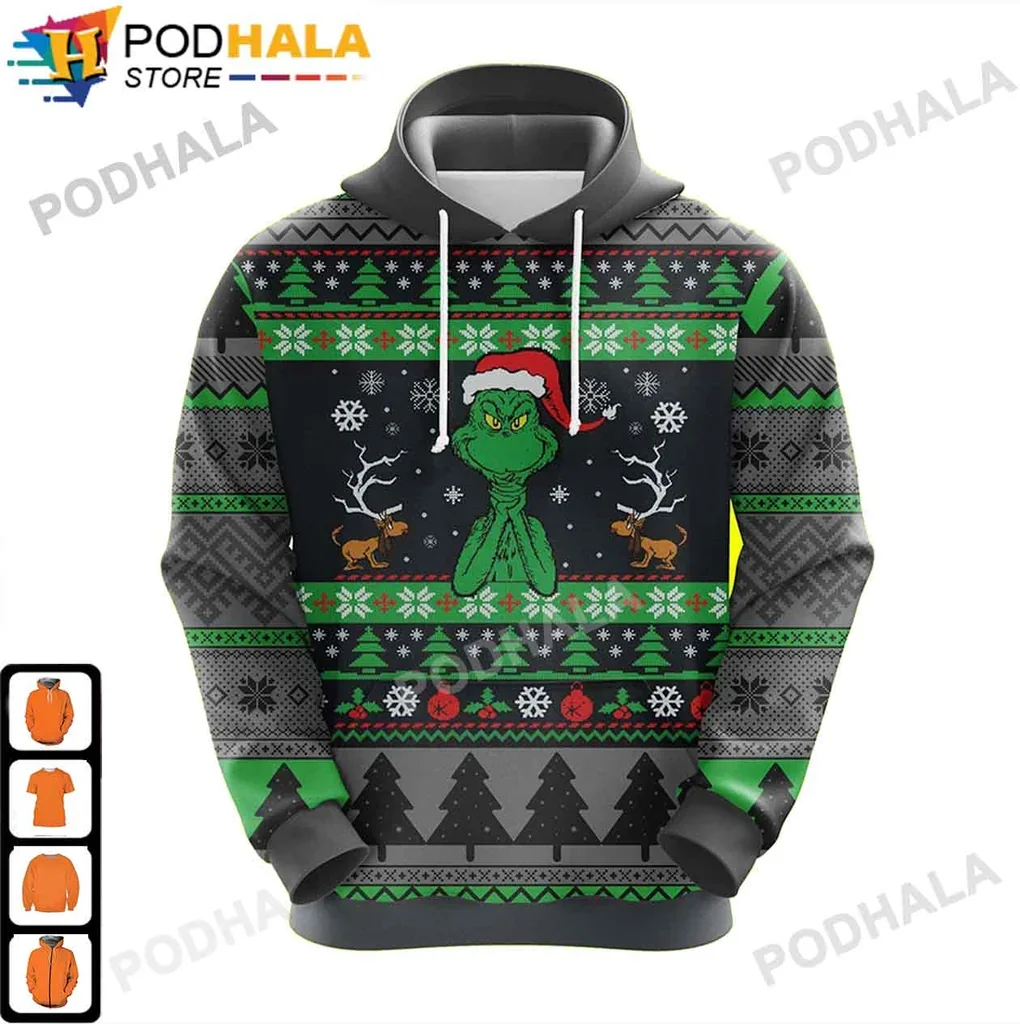 Grinch Christmas 3d Hoodie With Santa Hat And Festive Design