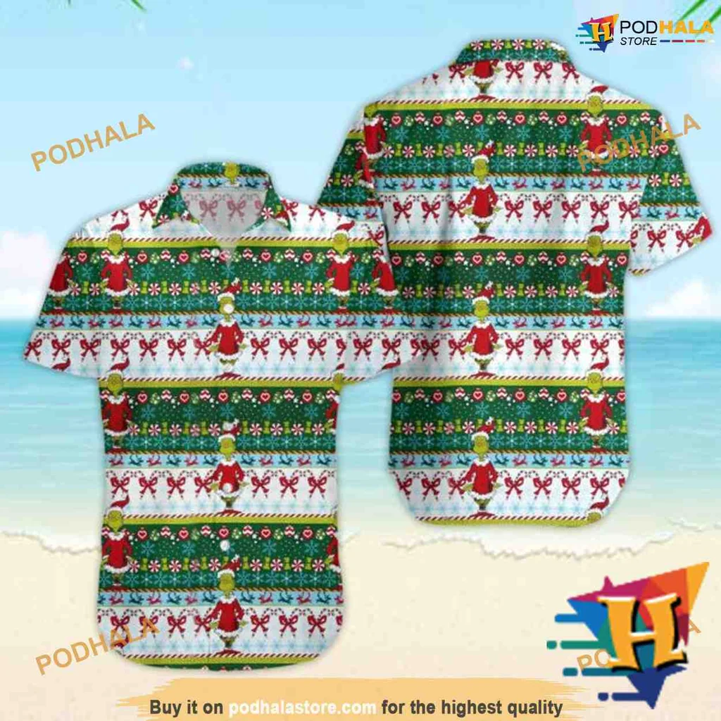 Grinch Christmas Hawaiian Shirt With Tropical Design And Festive Elements