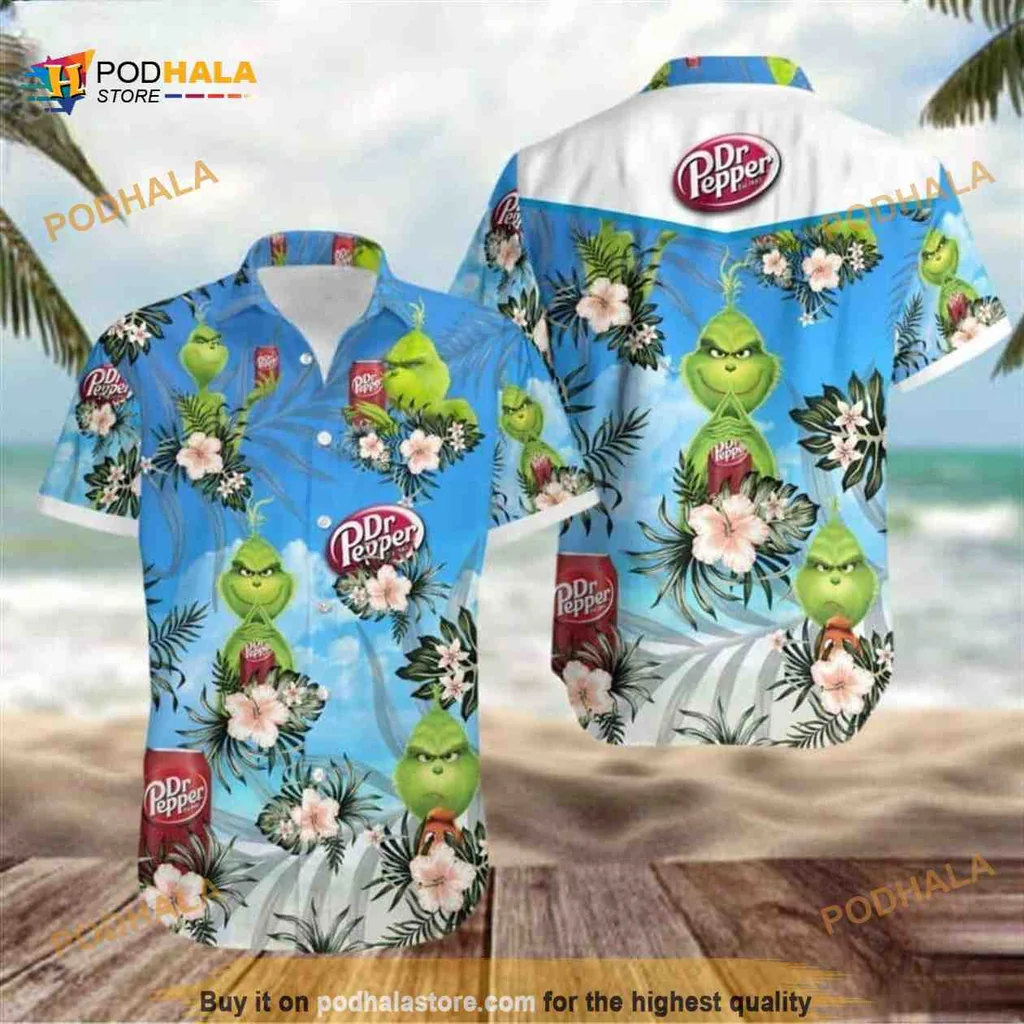 Grinch Dr Pepper Hawaiian Shirt With Tropical Design For Beer Lovers