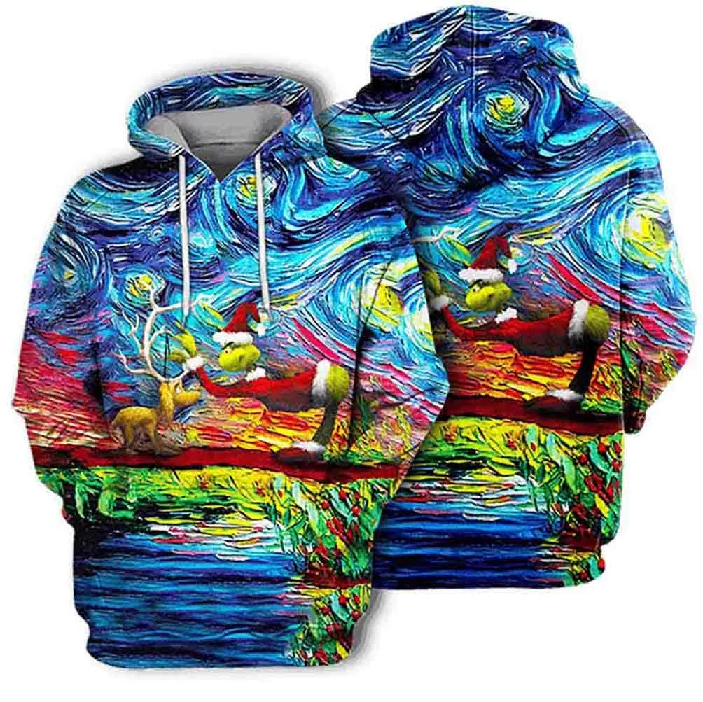 Grinch Reindeer Christmas 3d Hoodie Featuring Whimsical Artwork And Santa Hats