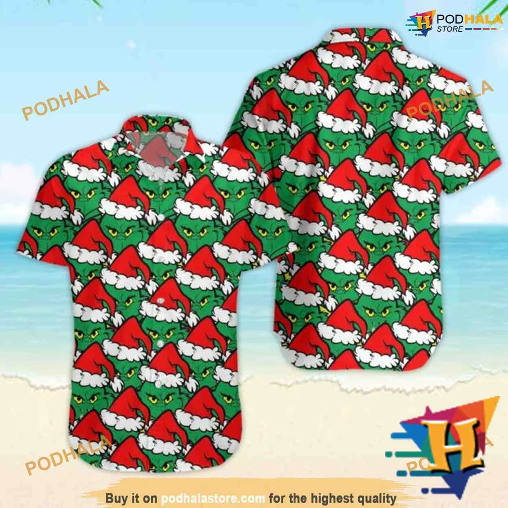 Grinch Themed Christmas Hawaiian Shirt With Playful Design