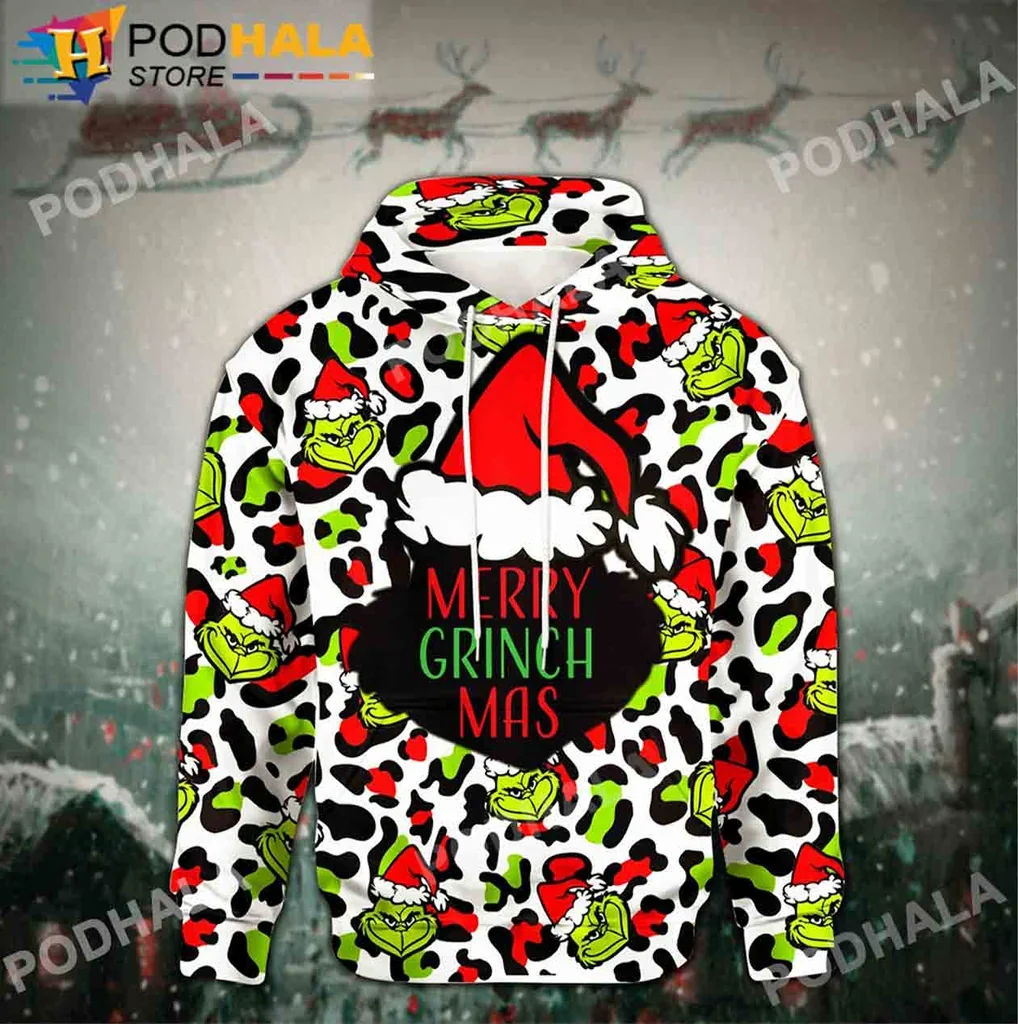 Grinchmas Leopard Pattern 3d Hoodie With Fun Grinch Character Design