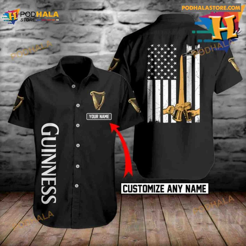 Guinness Beer Hawaiian Shirt With American Flag And Custom Name