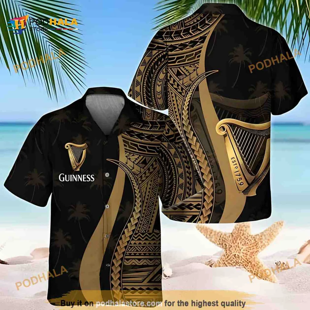 Guinness Beer Hawaiian Shirt With Gold Polynesian Pattern And Tropical Vibes