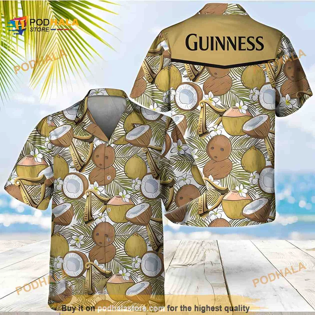 Guinness Beer Tropical Aloha Shirt With Coconuts And Palm Leaves