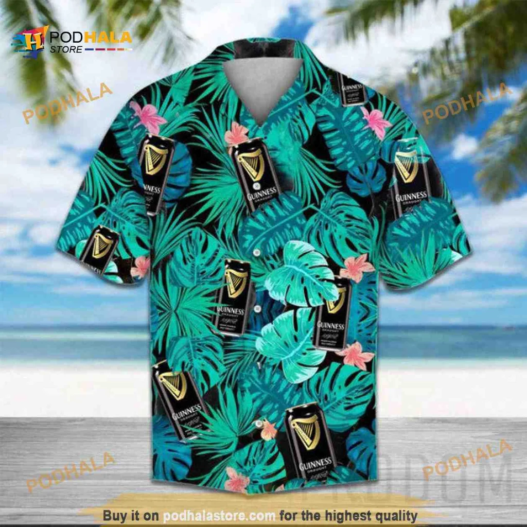 Guinness Beer Tropical Aloha Shirt With Green Leaves And Pink Flowers