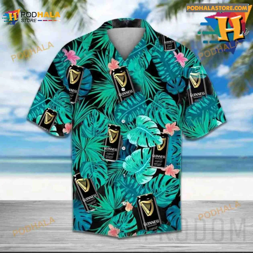 Guinness Beer Tropical Hawaiian Shirt With Palm Leaves And Pink Flowers