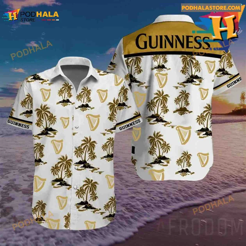 Guinness Beer Tropical Hawaiian Shirt With Palm Trees And Beach Scenes