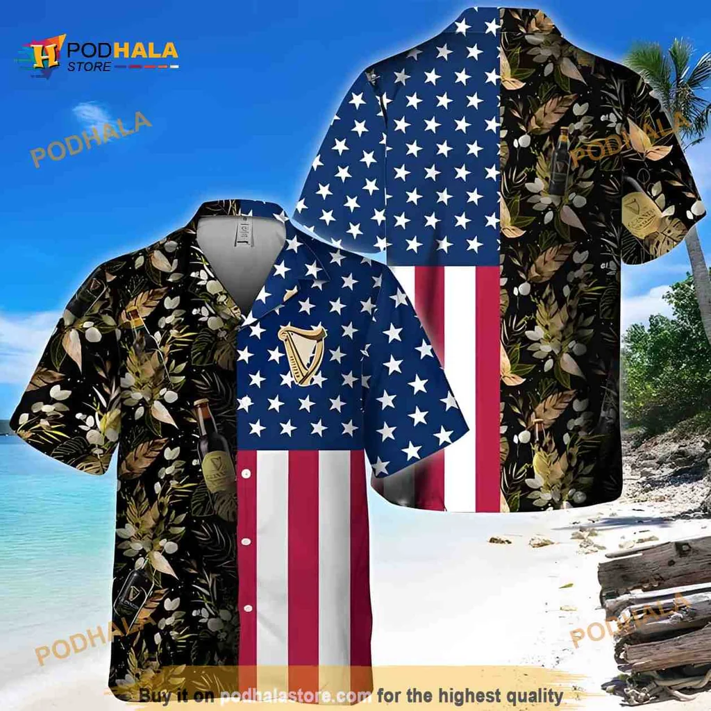 Guinness Beer Us Flag Hawaiian Shirt With Tropical Flowers