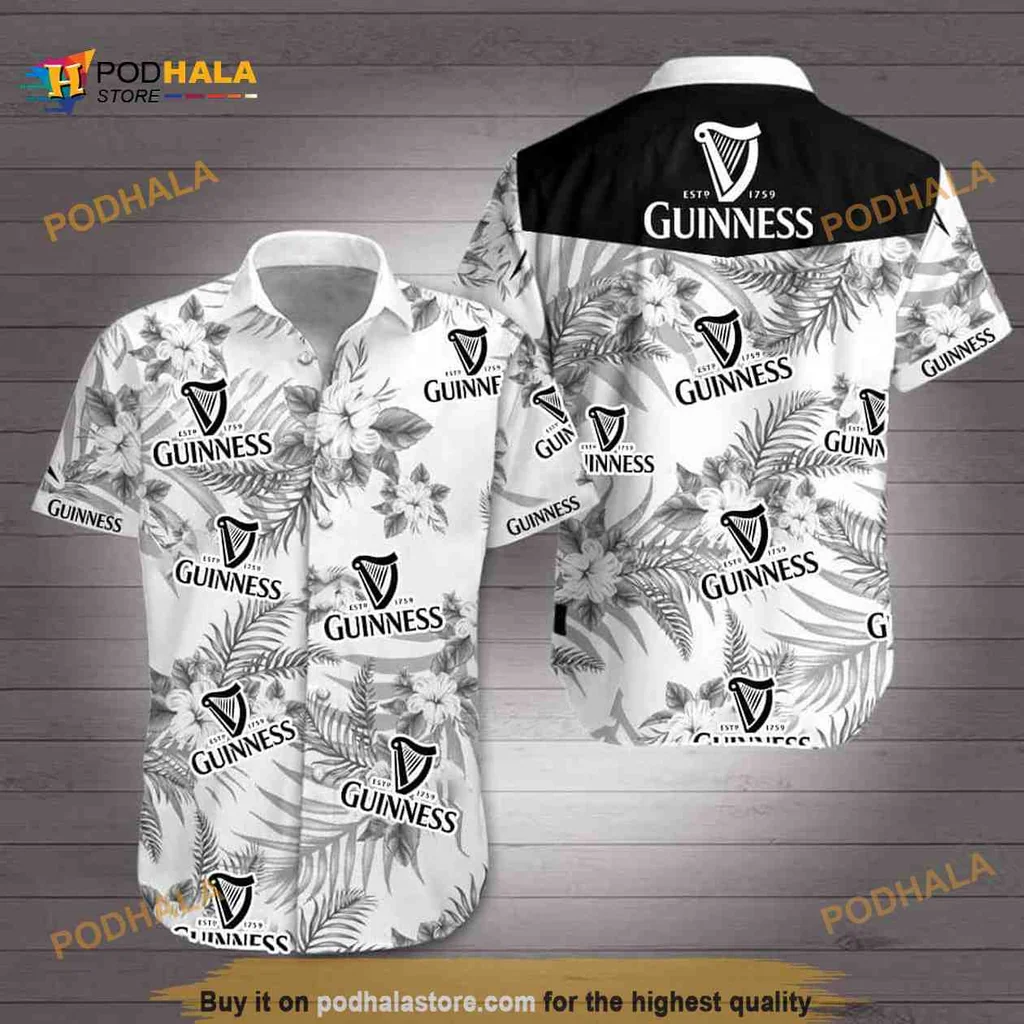 Guinness Black And White Floral Hawaiian Shirt With Tropical Leaves