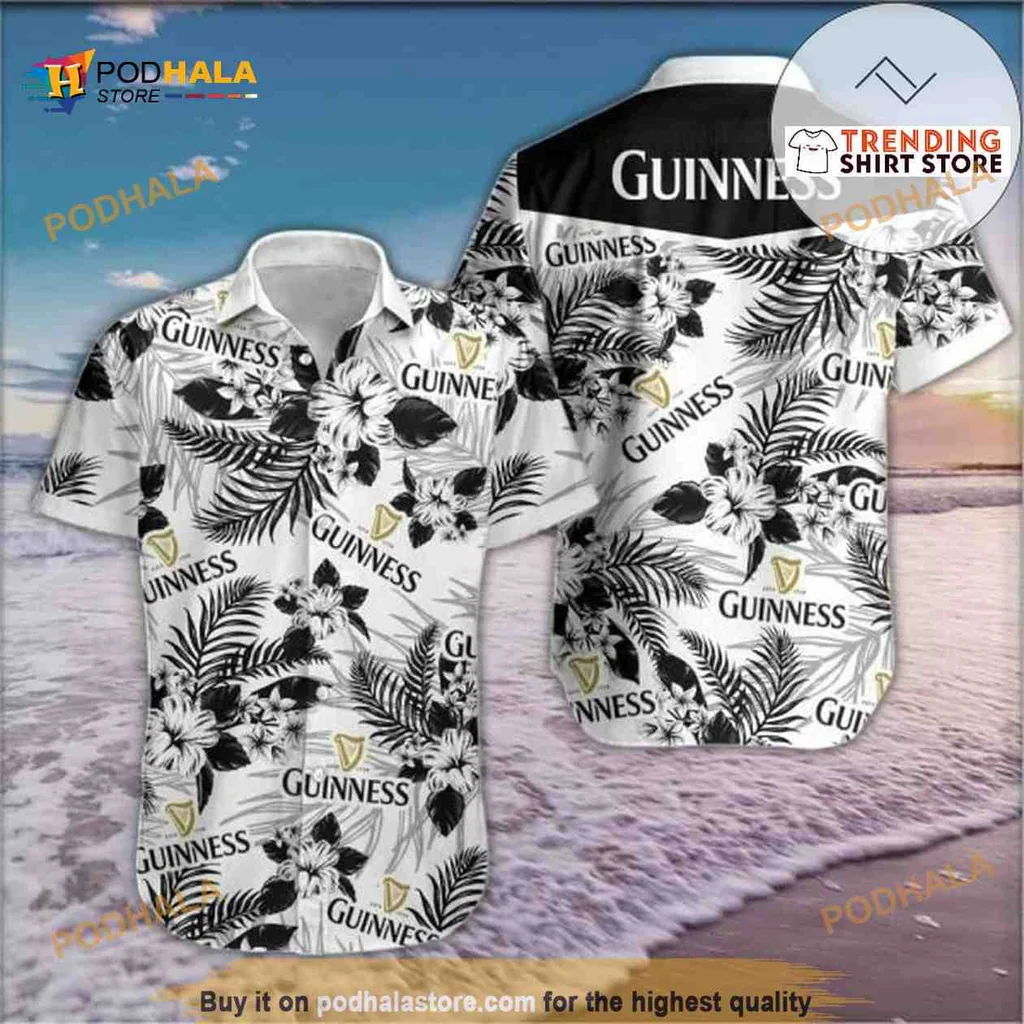 Guinness Floral Aloha Shirt, Black And White Tropical Design