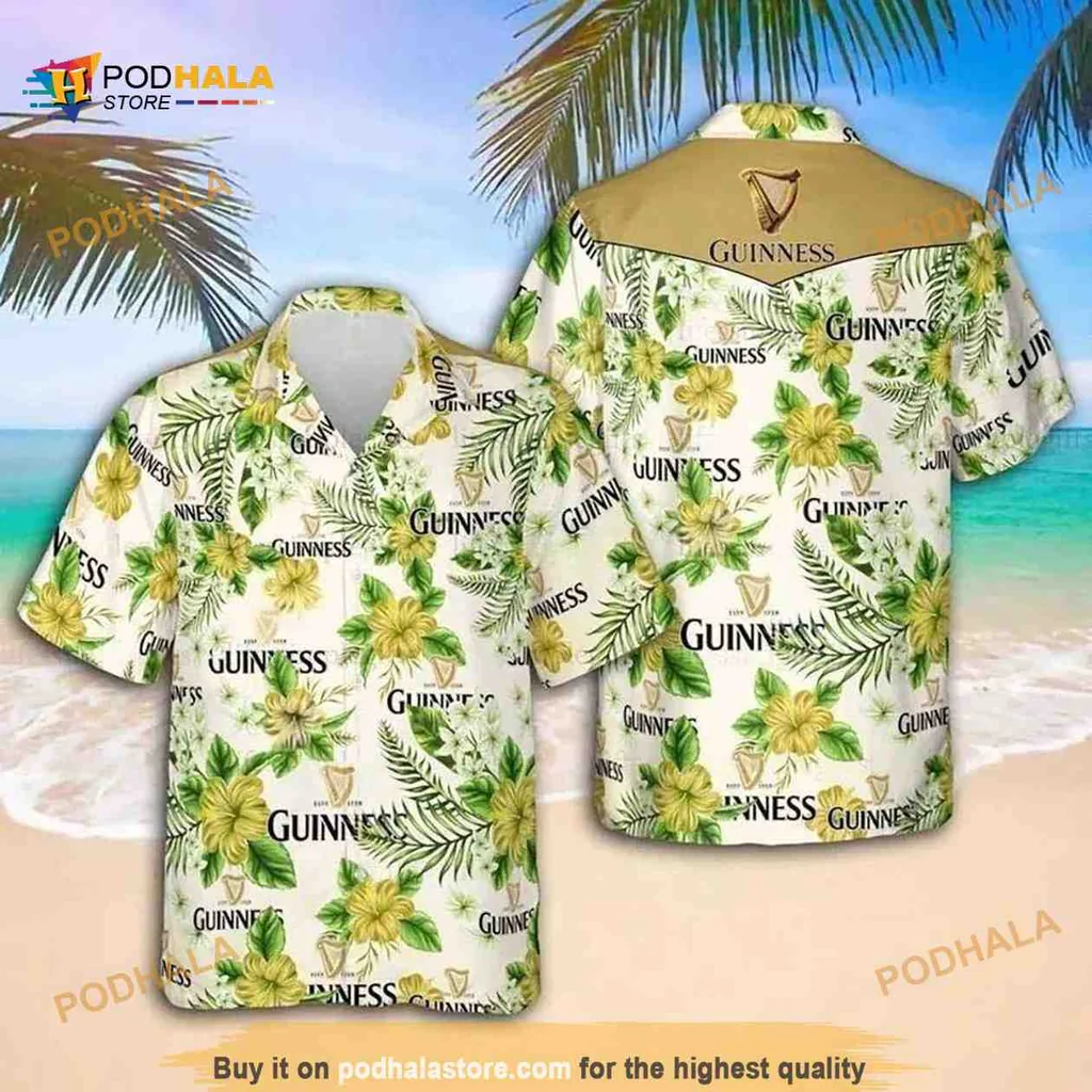 Guinness Floral Aloha Shirt, Bright Yellow And Green Hibiscus Design