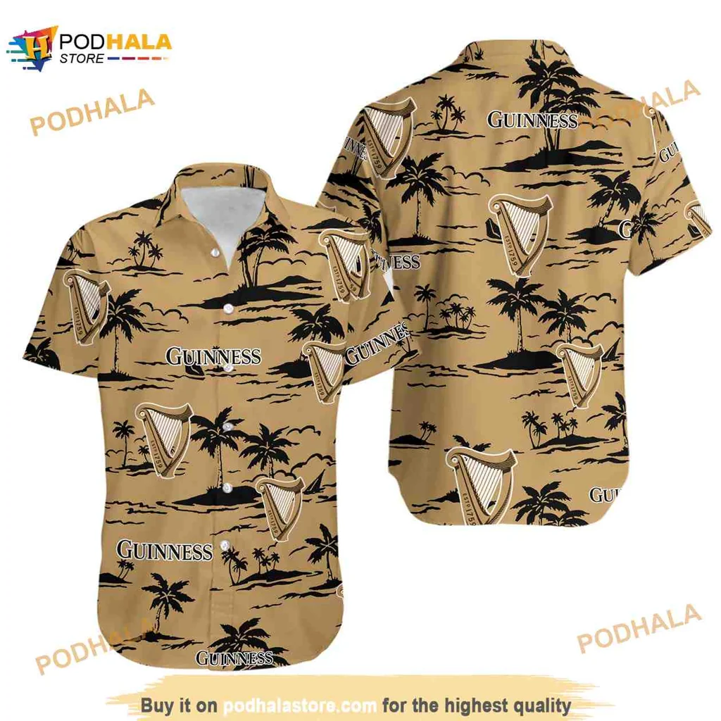 Guinness Hawaiian Beach Pattern Shirt With Palm Trees And Harp Logo