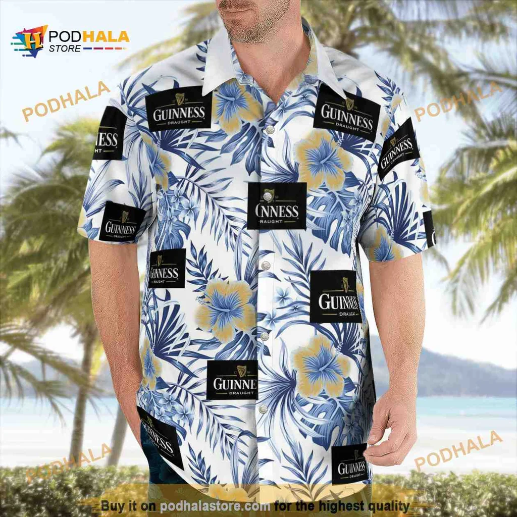Guinness Hibiscus Aloha Shirt, Blue And Yellow Floral Design