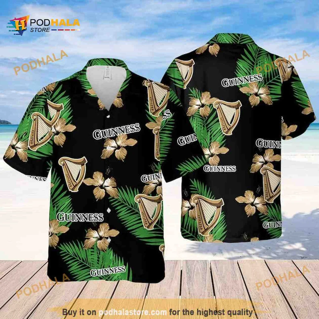 Guinness Hibiscus Floral Hawaiian Shirt With Palm Leaves And Tropical Vibe