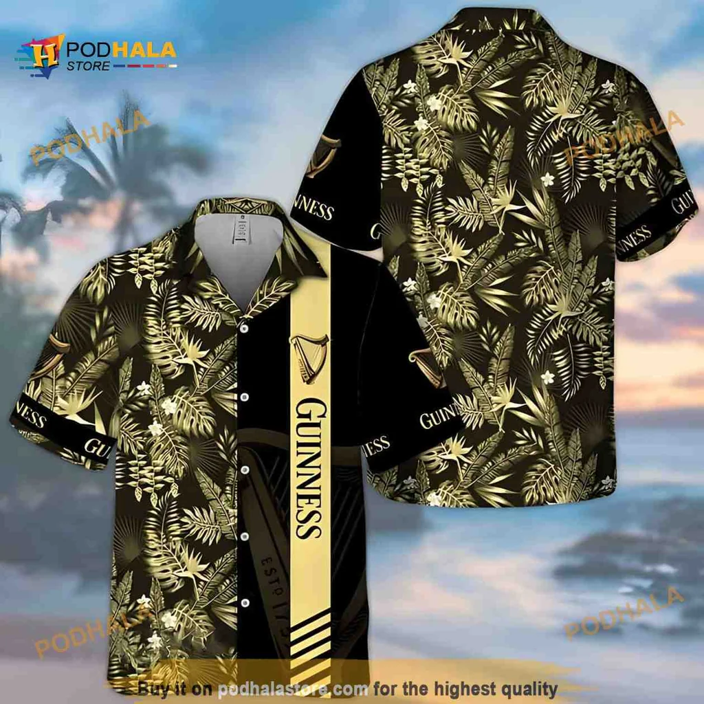 Guinness Tropical Aloha Shirt, Vibrant Green And Gold Foliage Design