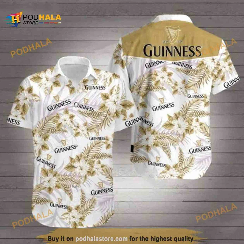 Guinness Tropical Aloha Shirt, White Background With Yellow Floral Design