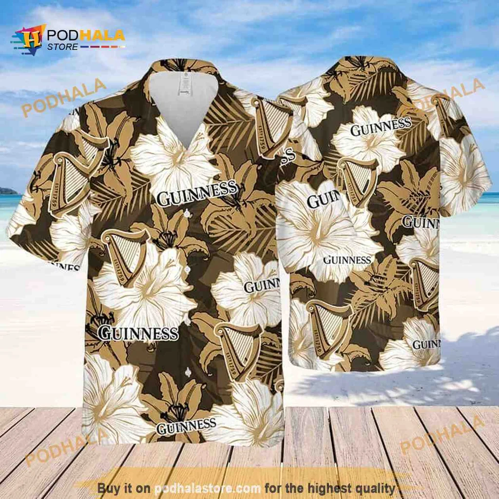 Guinness Tropical Aloha Shirt With Hibiscus Flowers And Harp Design